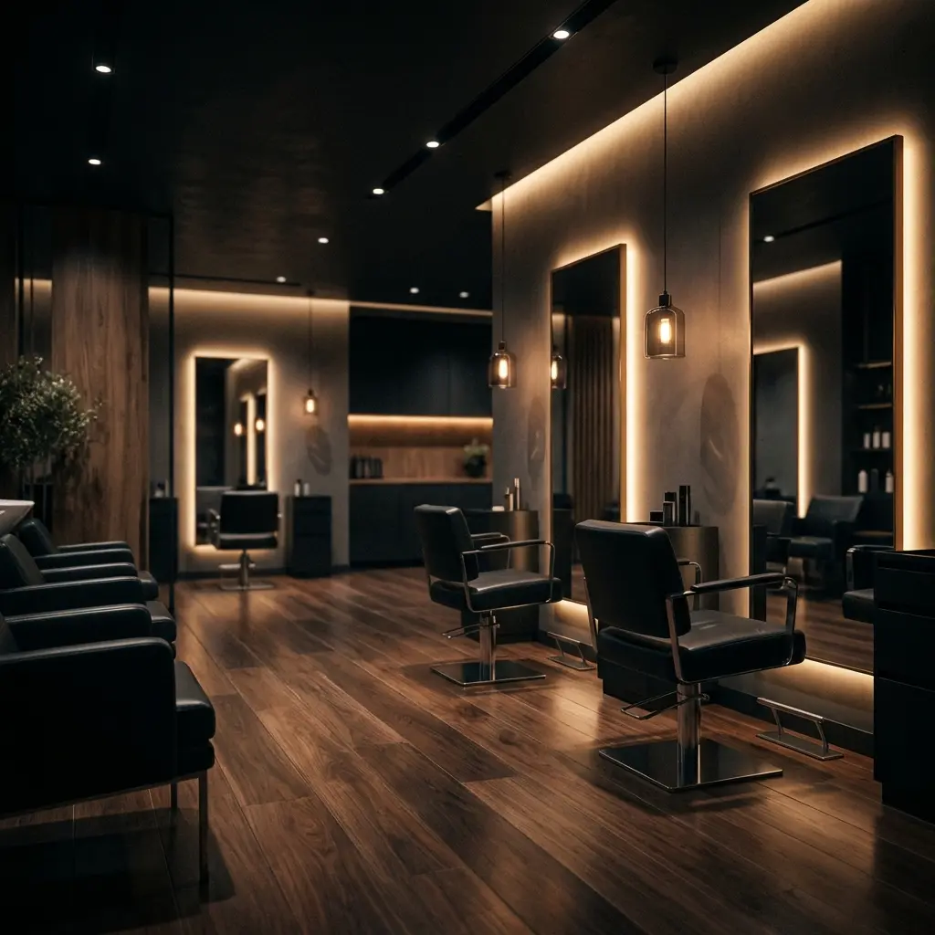 Salon chairs and lit mirrors in a haircut salon